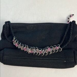The Sak Black Crocheted  Satchel Bag Purse Glass Beaded Handle